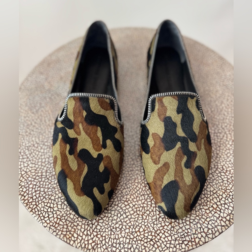 Veronica Beard Green and Black Camouflage Loafers